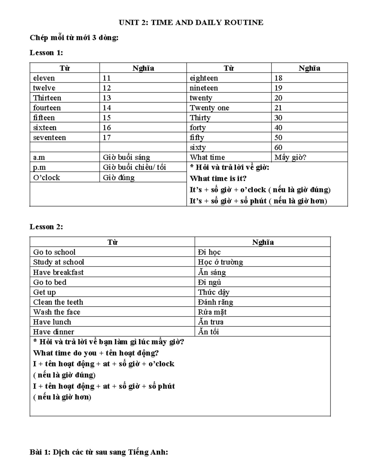 UNIT 2: TIME AND DAILY ROUTINE - Lesson Notes - Studocu