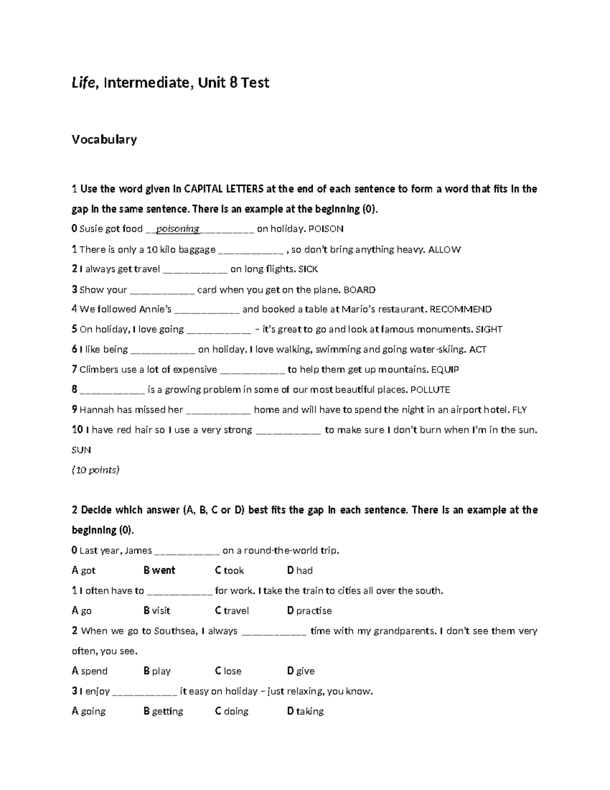 Life 2e Intermediate Unit 8 Test Vocabulary and Grammar Exercises - Studocu