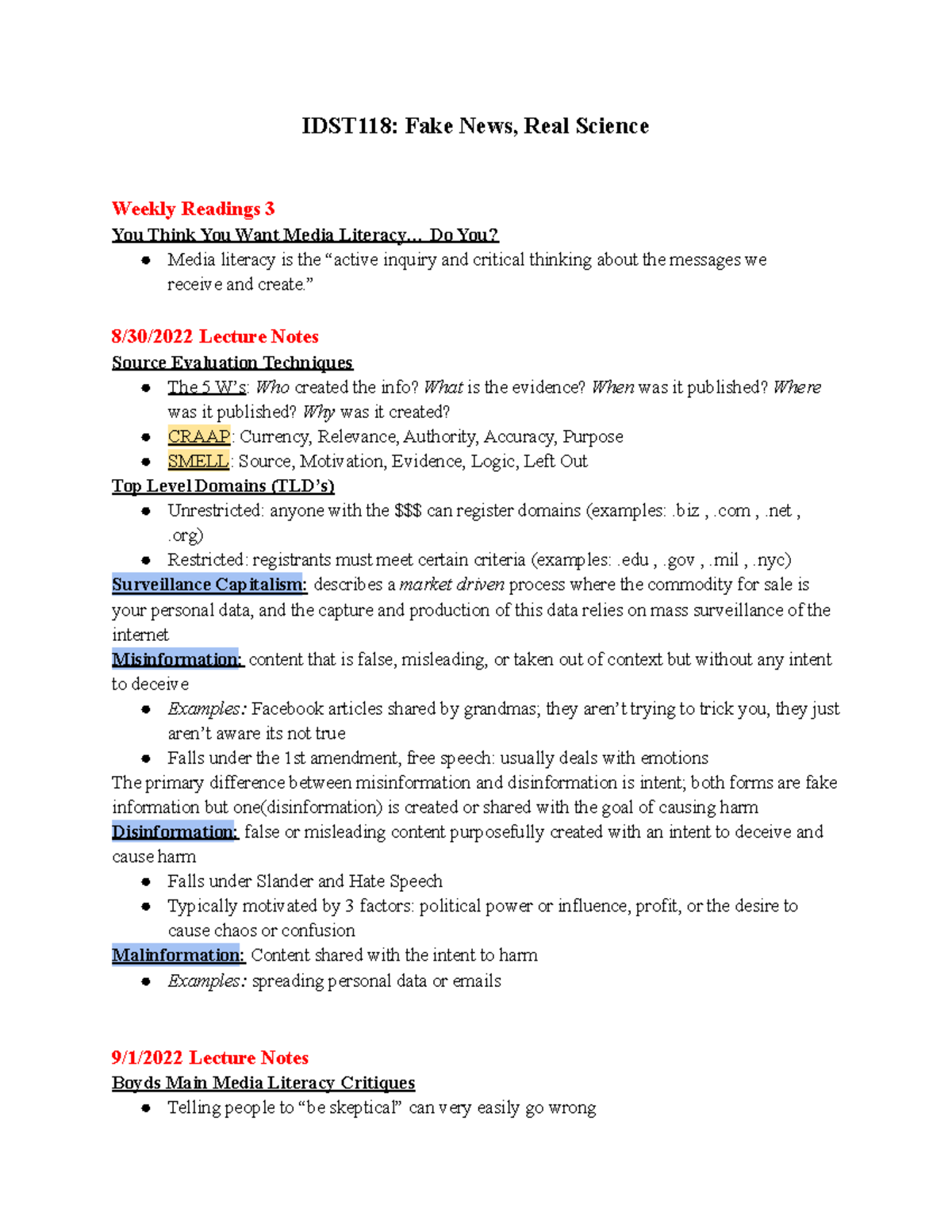 IDST118: Lecture & Reading Notes on Media Literacy and Science - Studocu