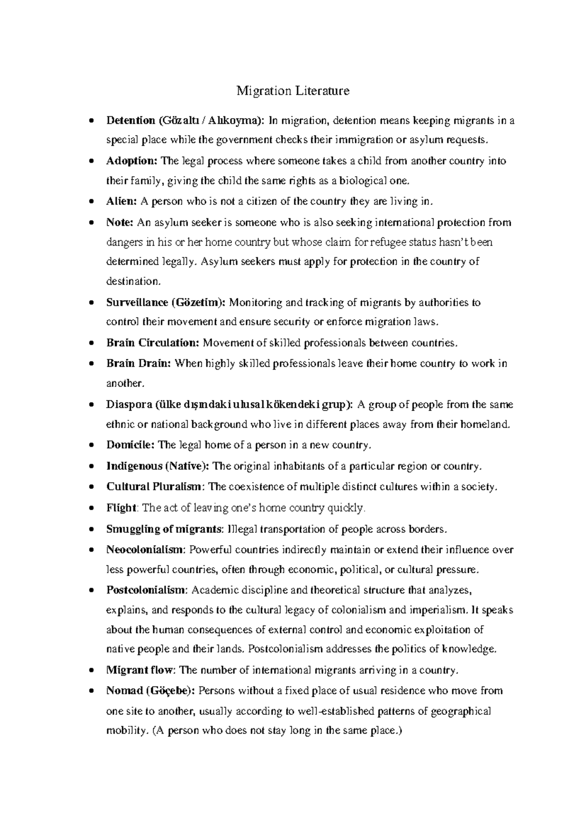 Migration Literature Vocabulary for Study - Studocu