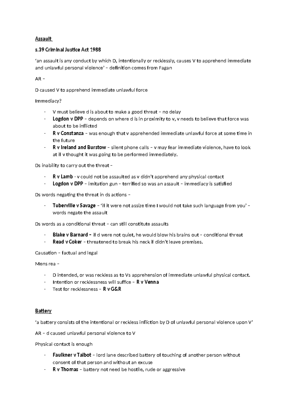 Assault and Battery Overview: Key Cases and Legal Principles - Studocu