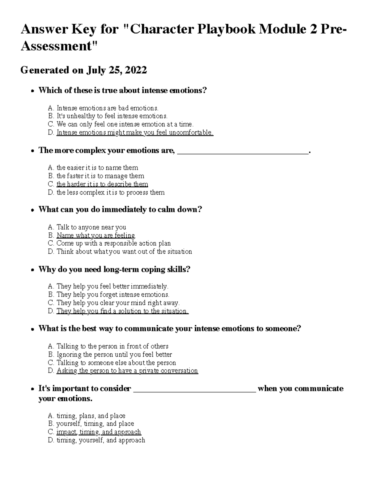 Answer Key - Character Playbook Module 2 Pre-Assessment - Answer 