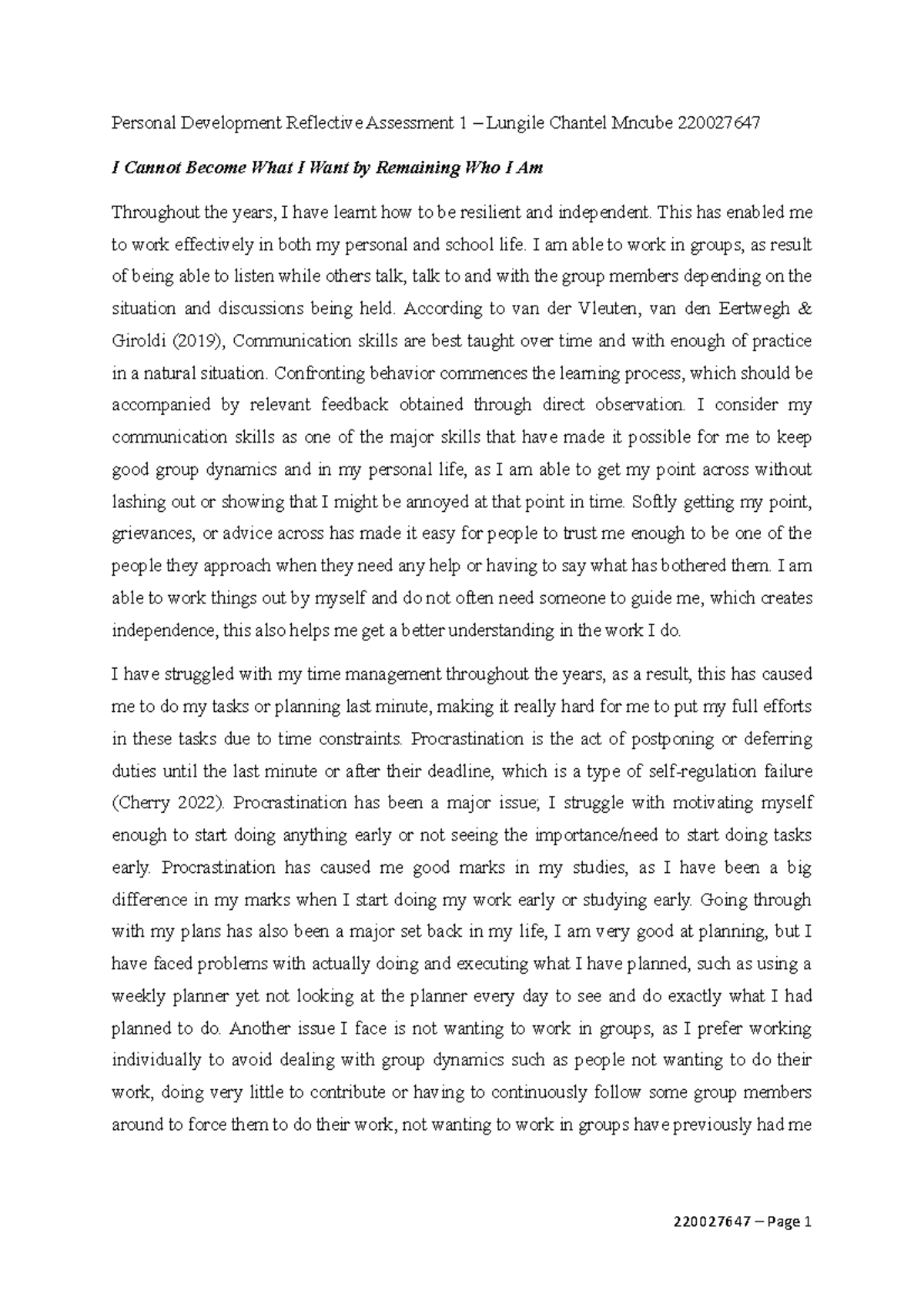 Personal Development REF 1 - Reflective Assignment Insights - Studocu