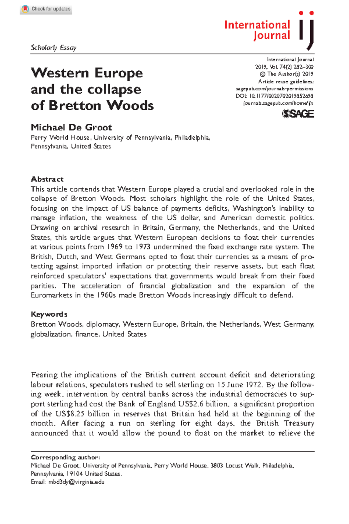 Western Europe’s Crucial Role in the Collapse of Bretton Woods (HIST ...
