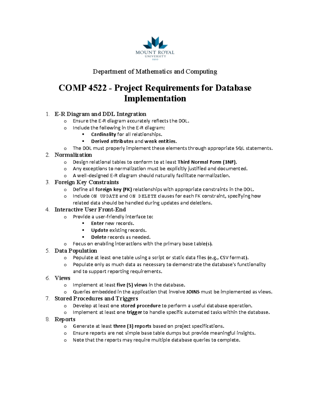 Final Project Requirements - Department of Mathematics and Computing ...