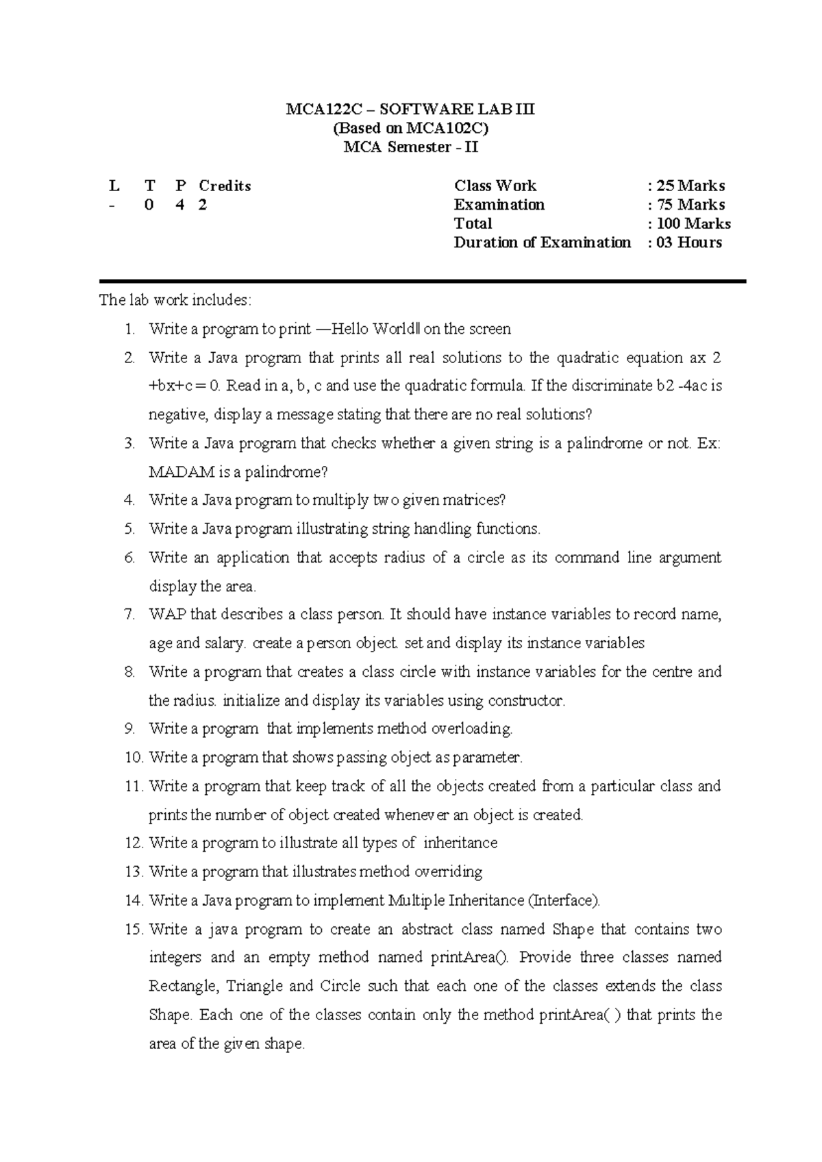 MCA122C Core Java Lab Programs for Semester II - Studocu