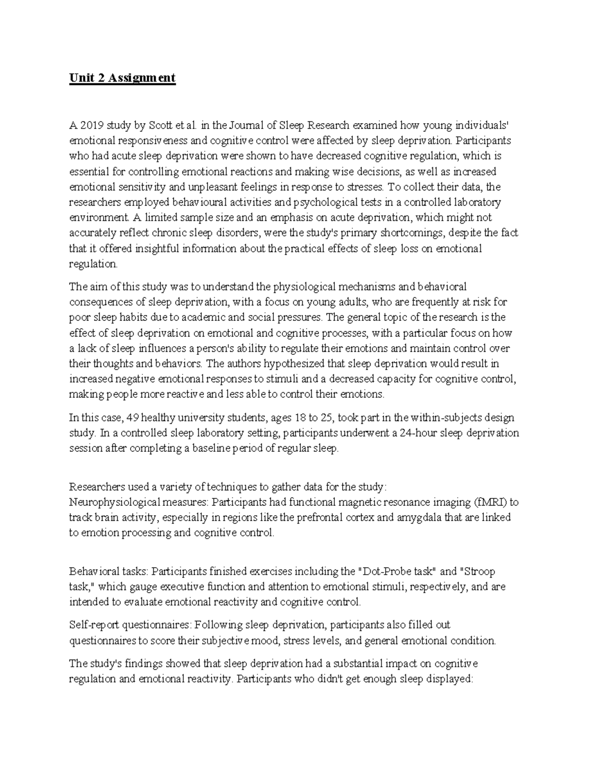 Unit 2 Assignment: Impact of Sleep Deprivation on Emotion & Cognition ...