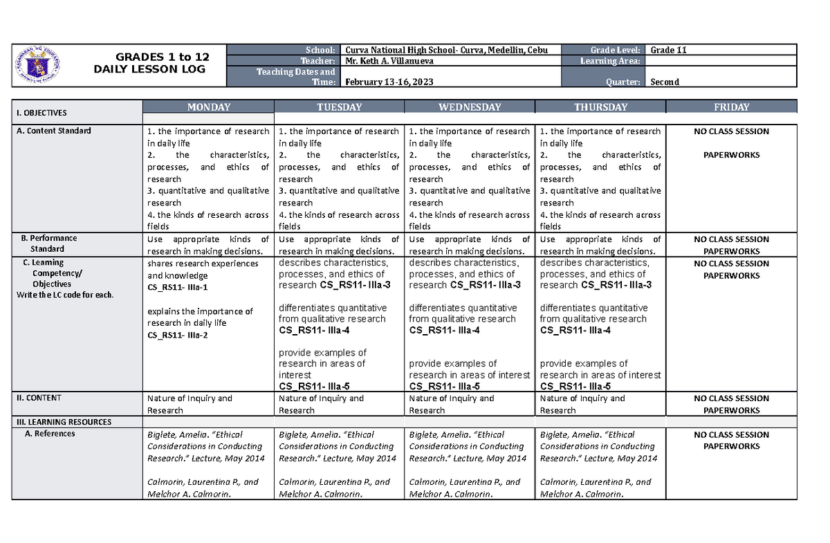DLL in PR1 - Week 1: Grade 11 Daily Lesson Log on Research - Studocu