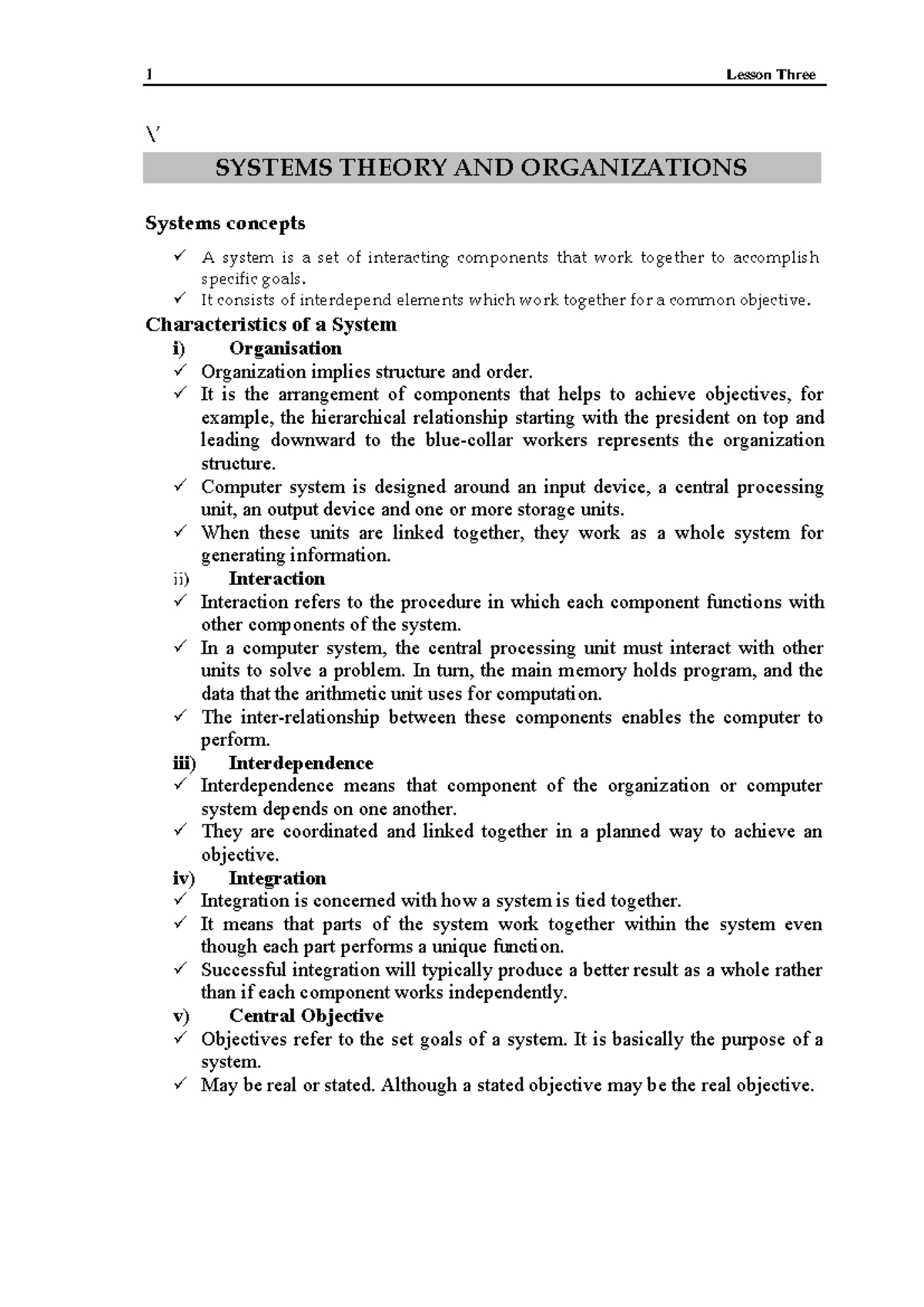 SAD 101 Lecture Notes: Systems Theory and Organizational Concepts - Studocu