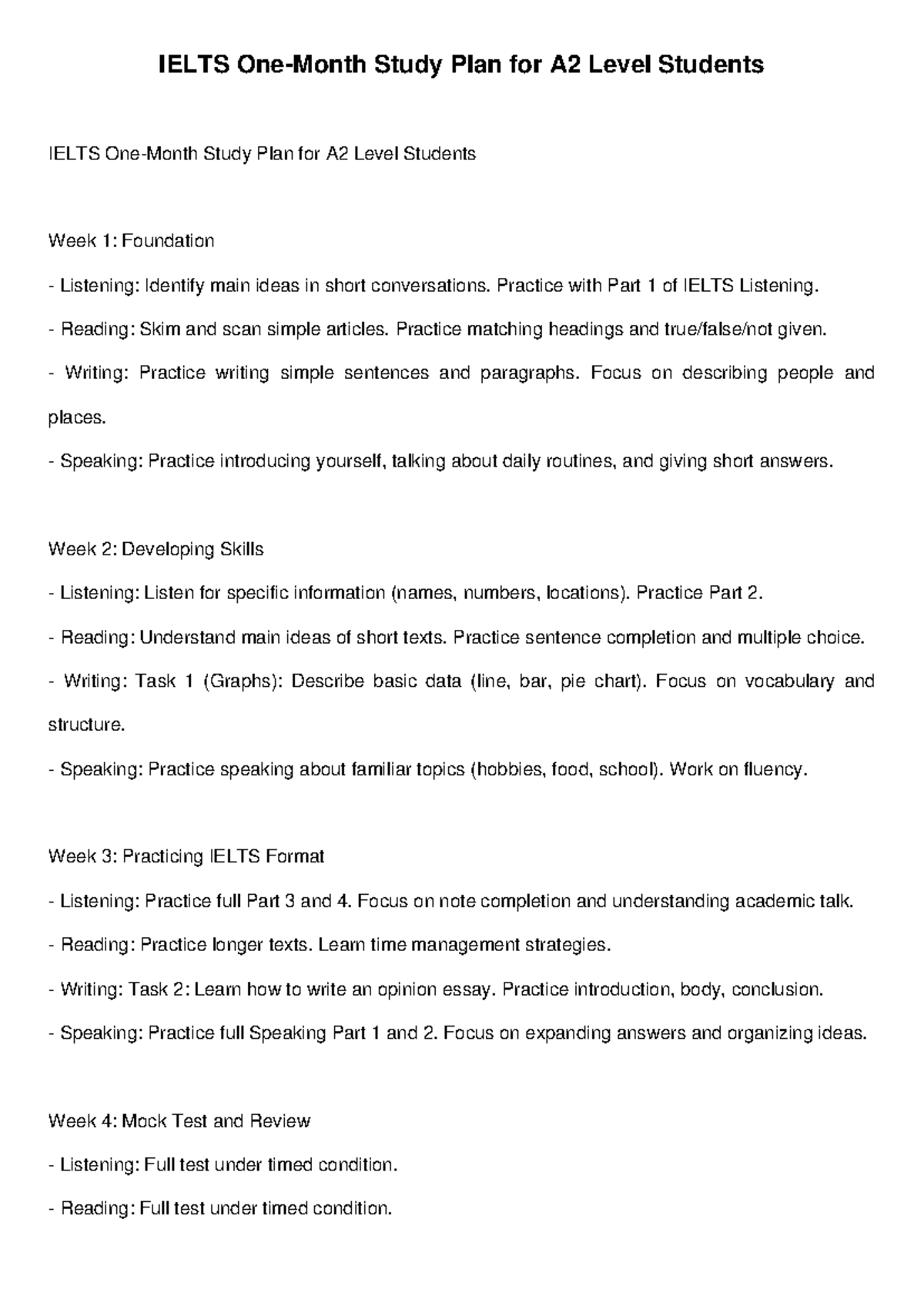 IELTS A2 Level 1-Month Study Plan: Skills Development & Practice - Studocu