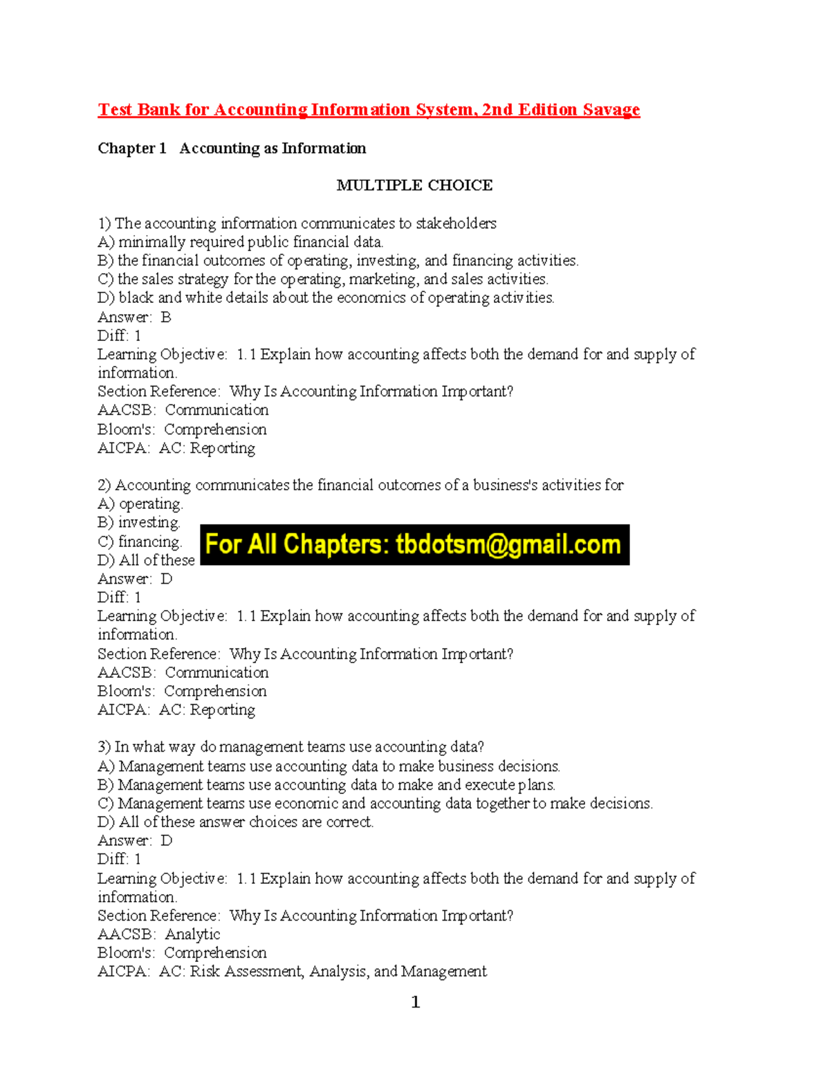 Test Bank for Accounting Information Systems (AIS) - Chapter 1 MCQs ...