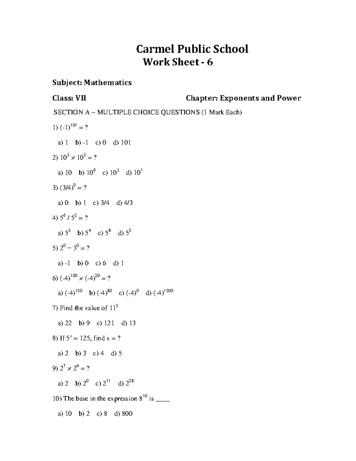 Mathematics Class VII: Exponents & Power Worksheet - 6 - Studocu