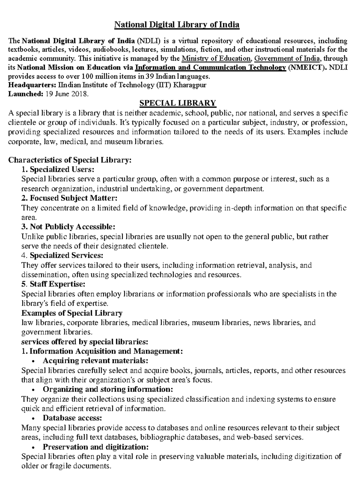 NDL and Special Library Overview: Resources and Services - Studocu