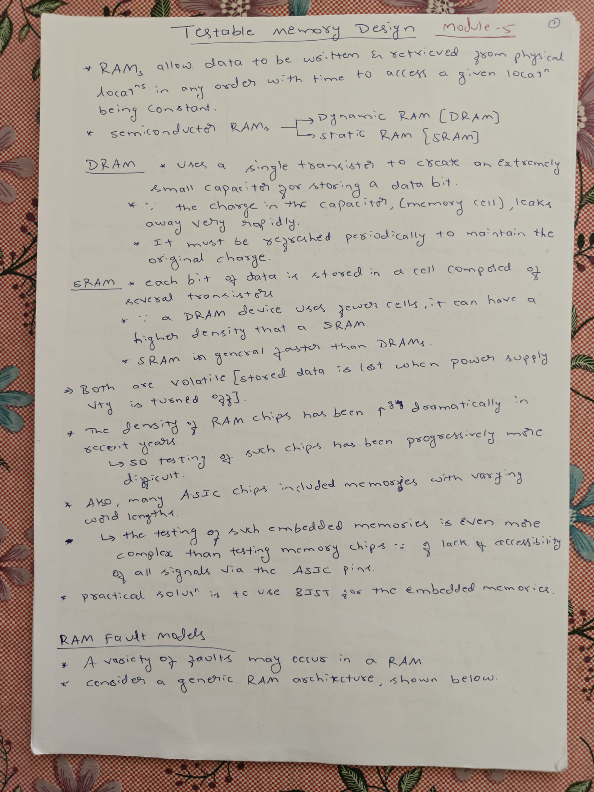DFT Module 5: Testing and Fault Models for RAM Memory Systems - Document Preview