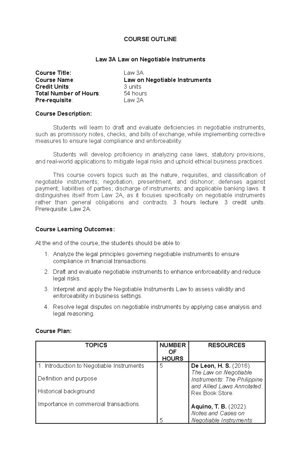 Course Outline: LAW 3A - Law on Negotiable Instruments Overview - Studocu