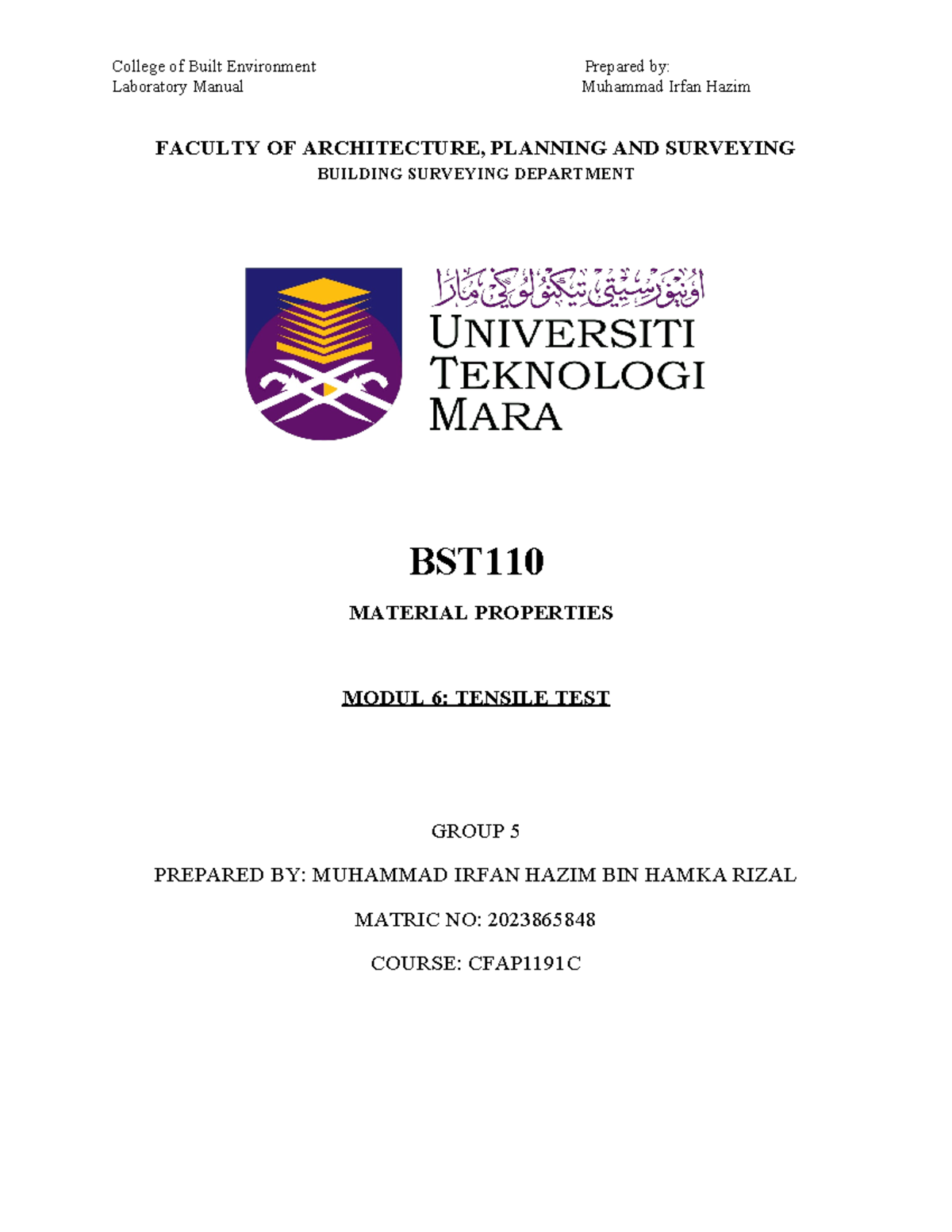 Tensile Test Report - BST100 for CFAP1191C Module 6 Analysis - Studocu