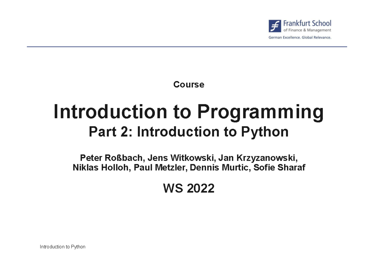 Introduction to Programming Part 2: Python Basics (WS 2022) - Studocu