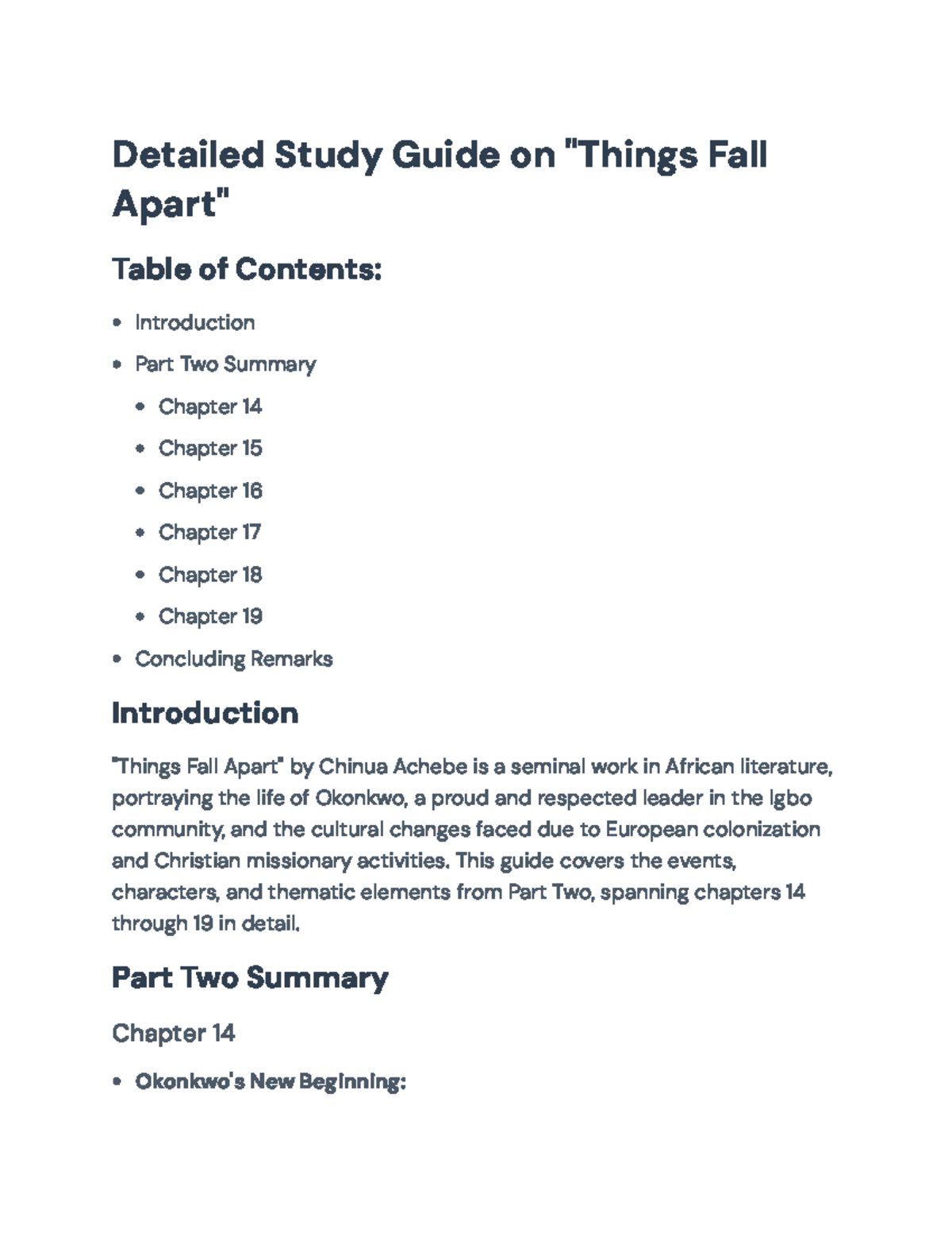 Study Guide: "Things Fall Apart" by Chinua Achebe (Chapters 14-19 ...