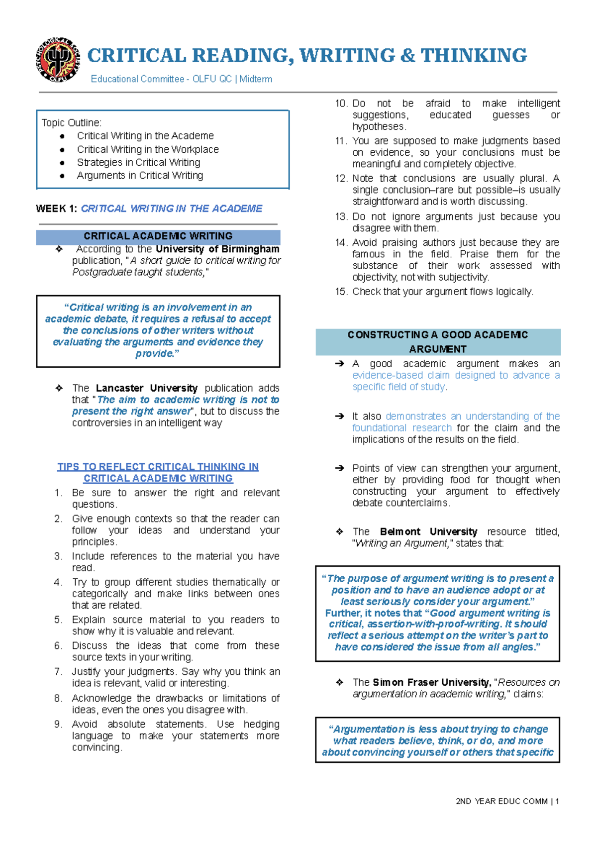 CRWT111 - Midterm Study: Critical Reading & Writing Strategies - Studocu