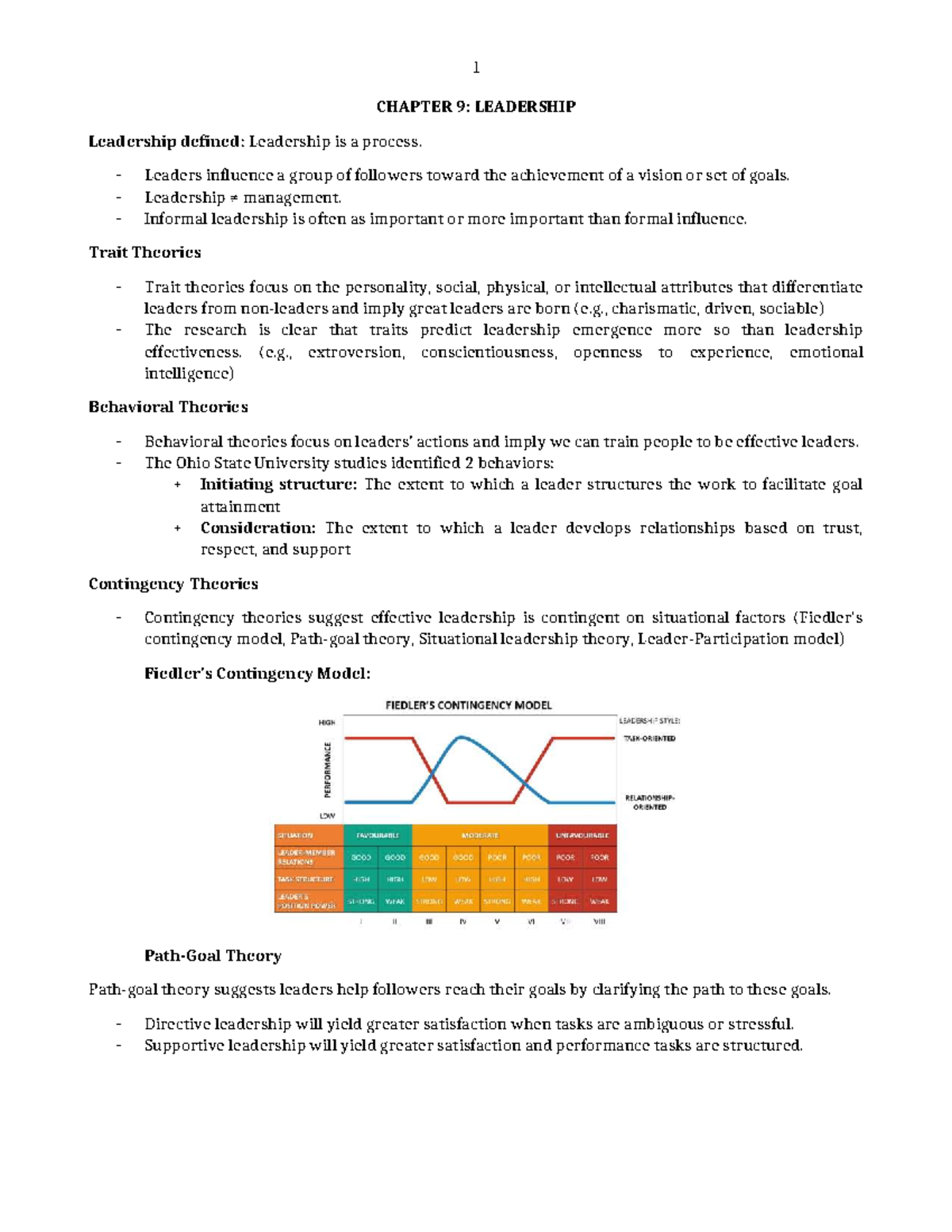 Chapter 9: Leadership - OB Notes (1) - Studocu