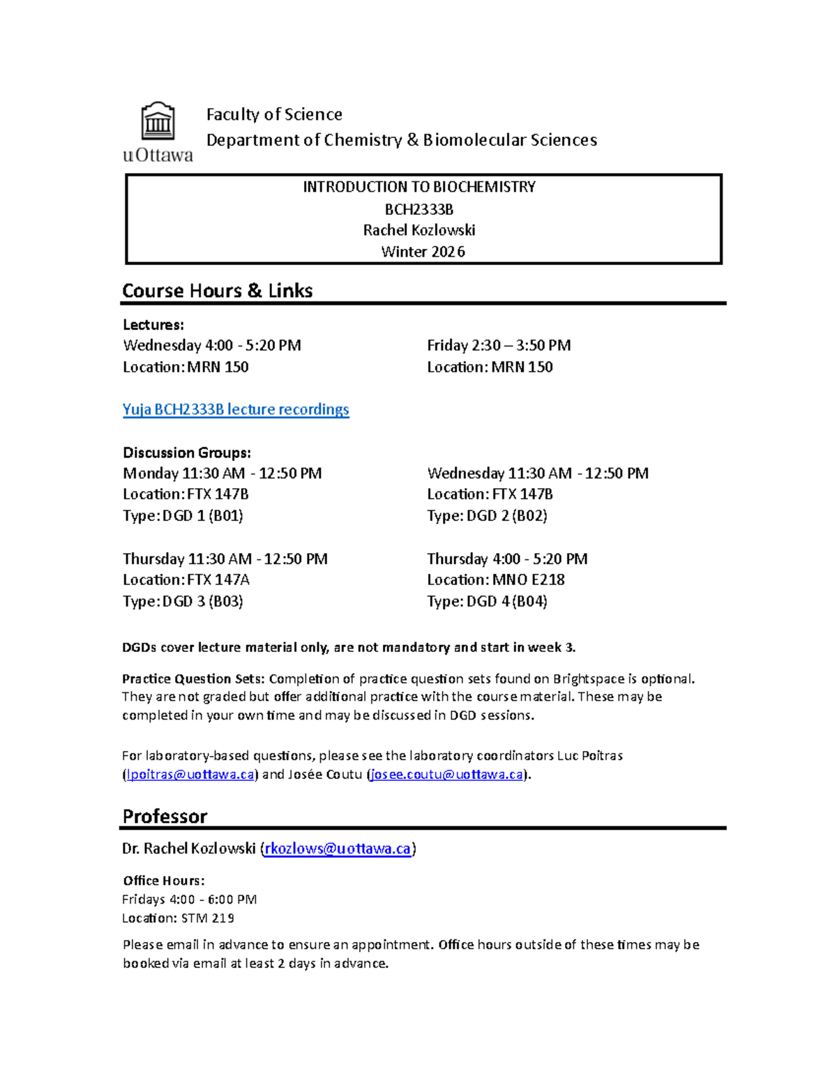 BCH2333 Biochemistry Syllabus - Winter 2026 by Dr. Rachel Kozlowski ...