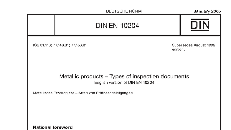 DIN EN 10204:2004 Inspection Document Types - January 2005 Edition ...