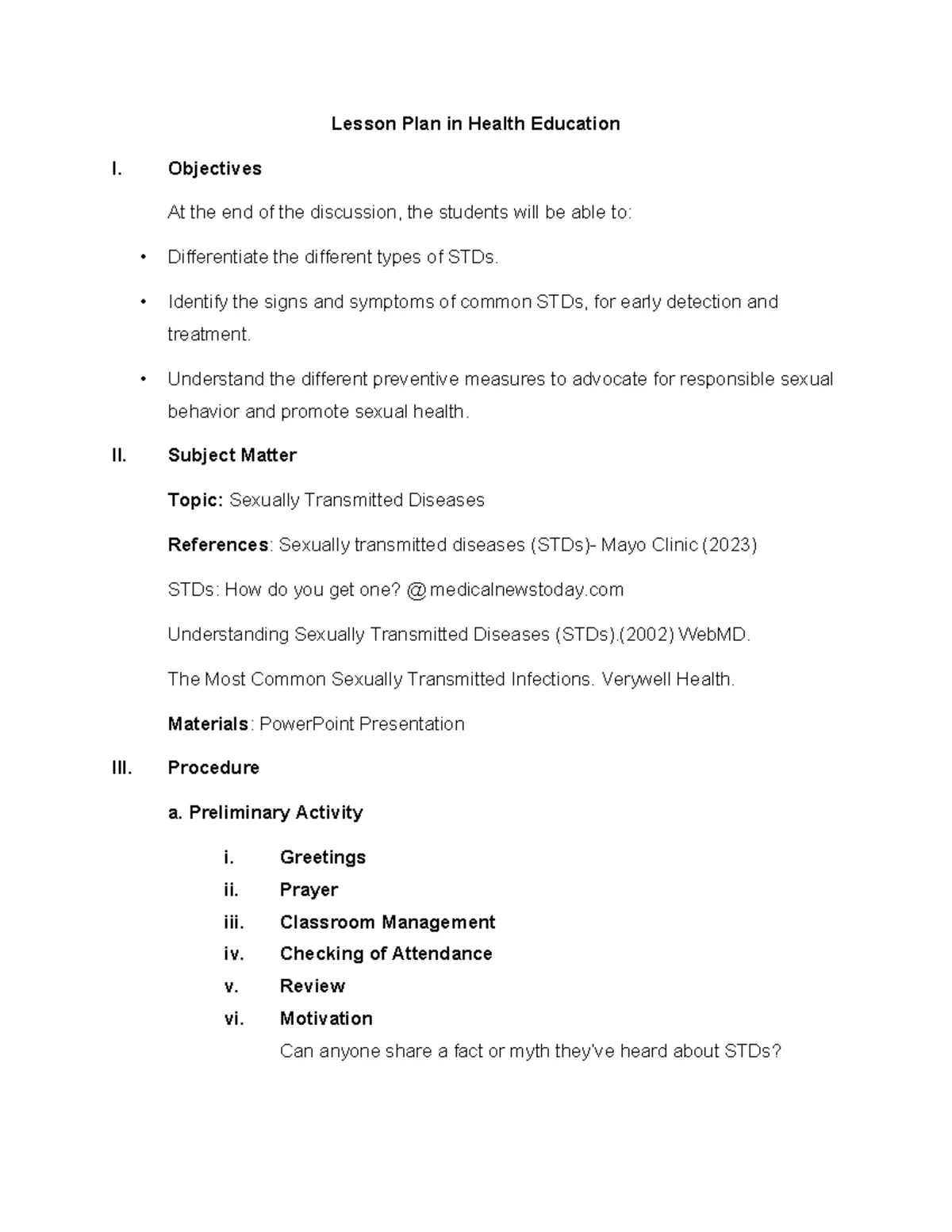 Lesson Plan on STDs in Health Education - HLT 101 - Studocu