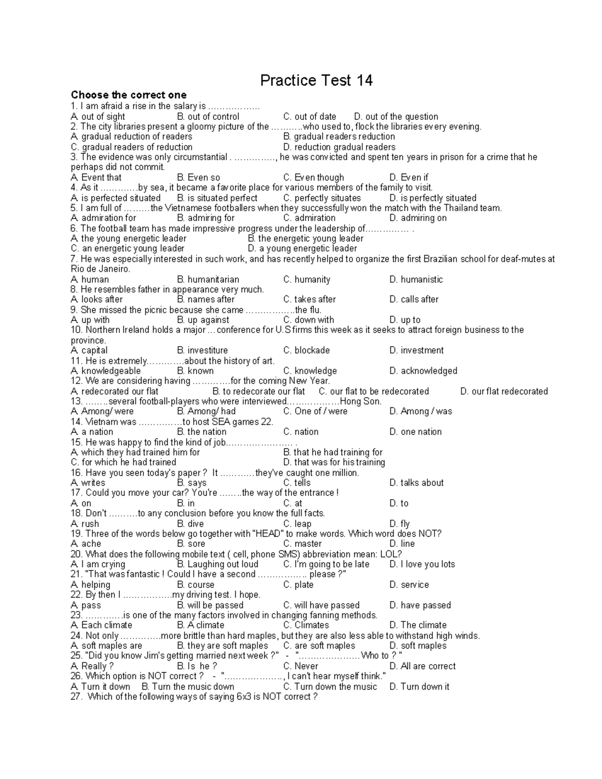 PT 14 - Choose the Correct One Practice Test - Studocu