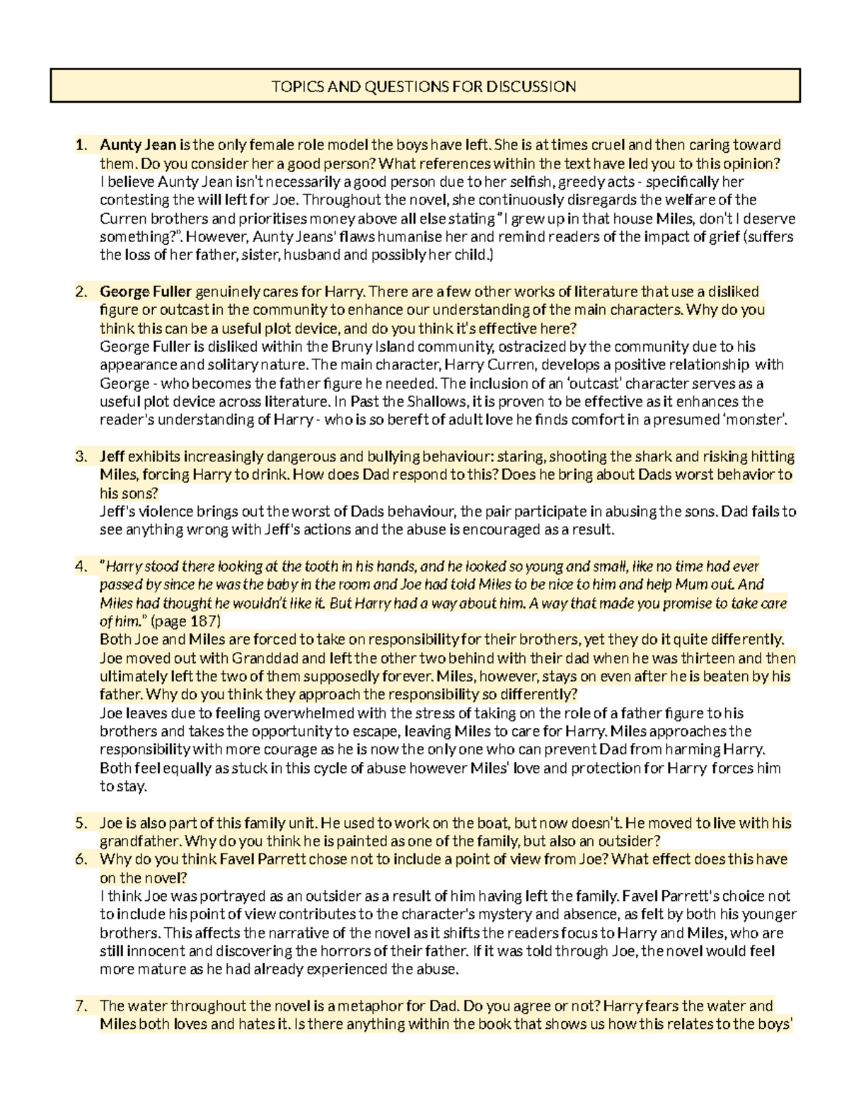English Standard PTS Discussion Questions on Aunty Jean's Role - Studocu