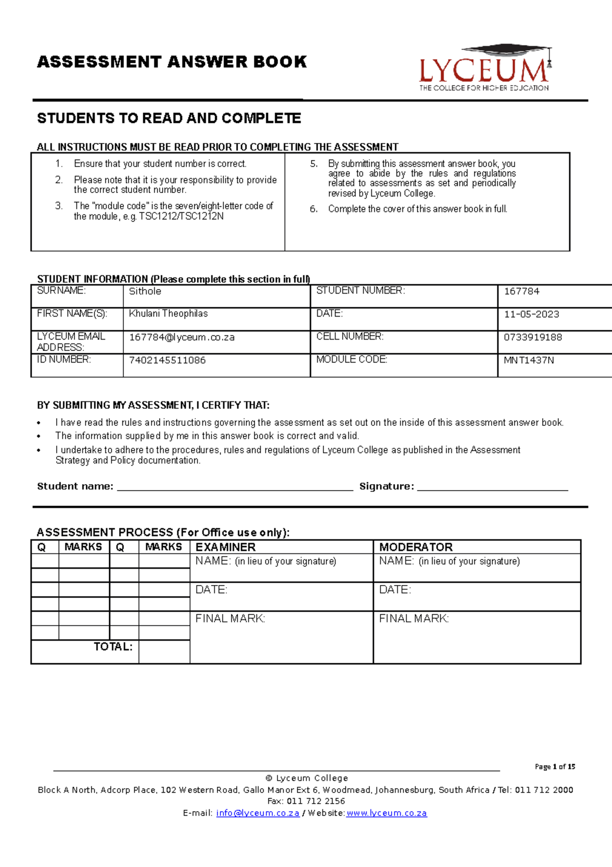 MNT1437N Managing Teaching: Assessment Instructions & Rules - Studocu