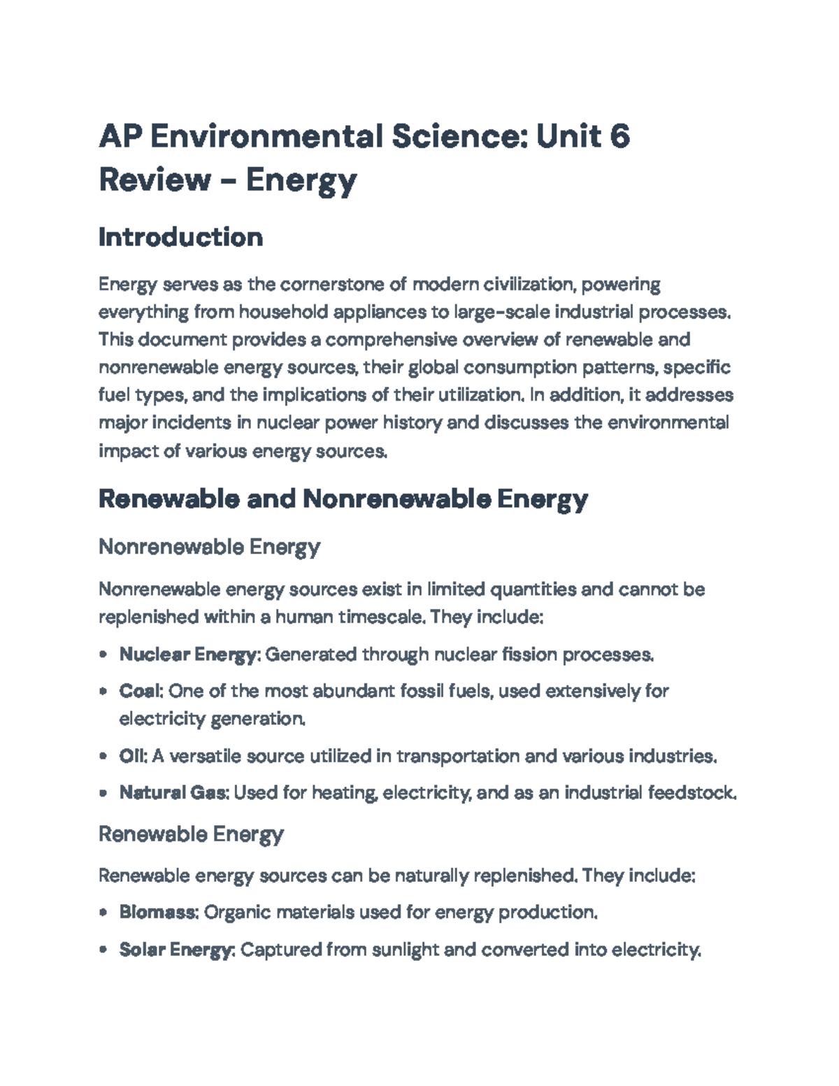 AP Environmental Science: Unit 6 Review - Energy Sources & Impacts ...