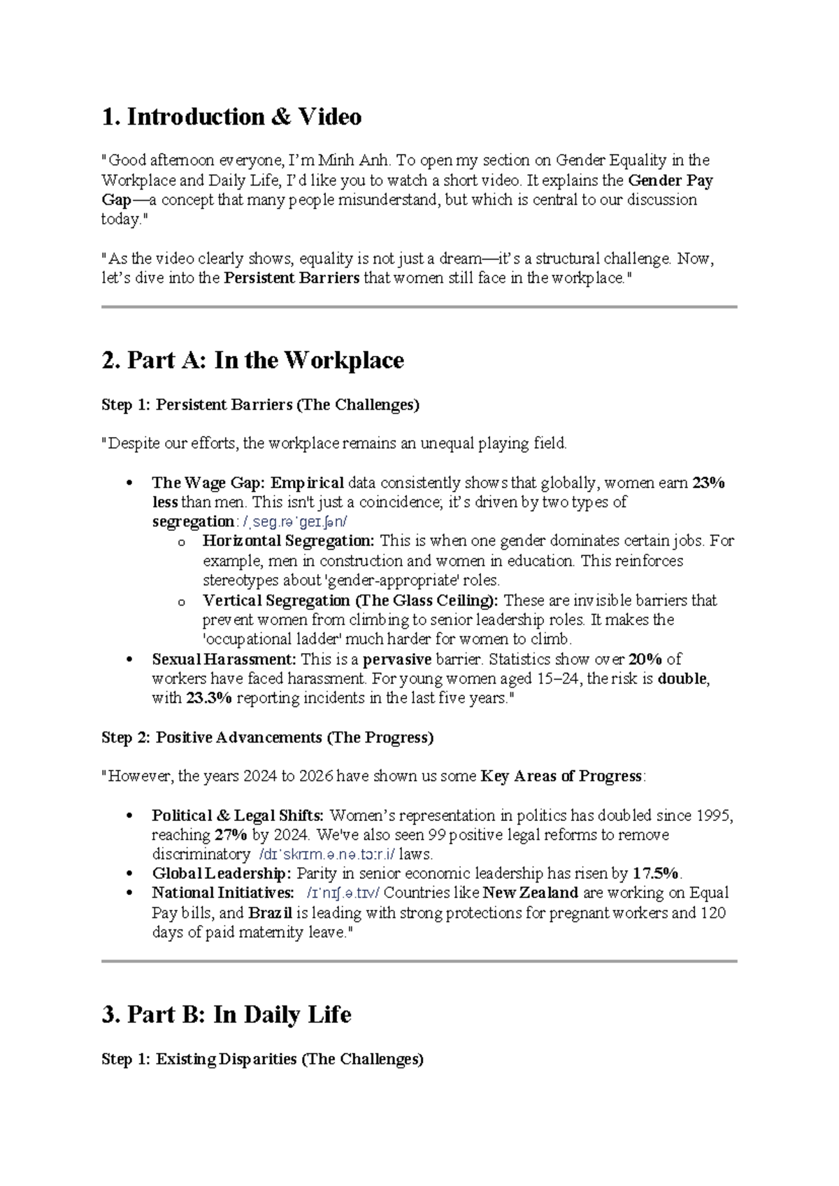 Gender Equality in the Workplace & Daily Life: Presentation Script ...