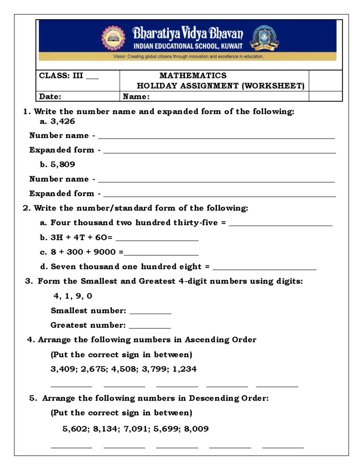 Grade 3 Mathematics Holiday Assignment Worksheet (2025-26) - Studocu
