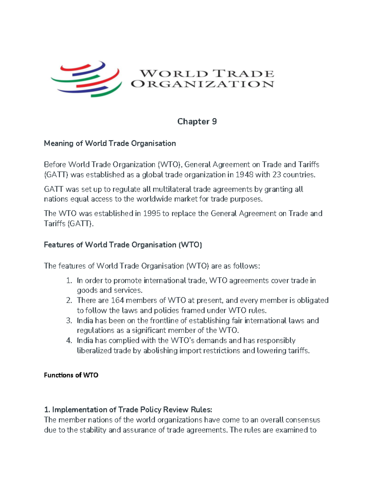 WTO 1 - Comprehensive Notes on World Trade Organization Functions - Studocu