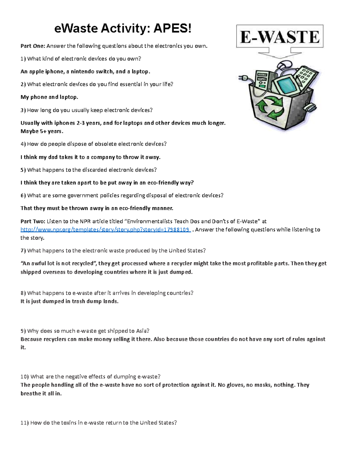 E Waste NPR Article - eWaste Activity: APES! Part One: Answer the ...