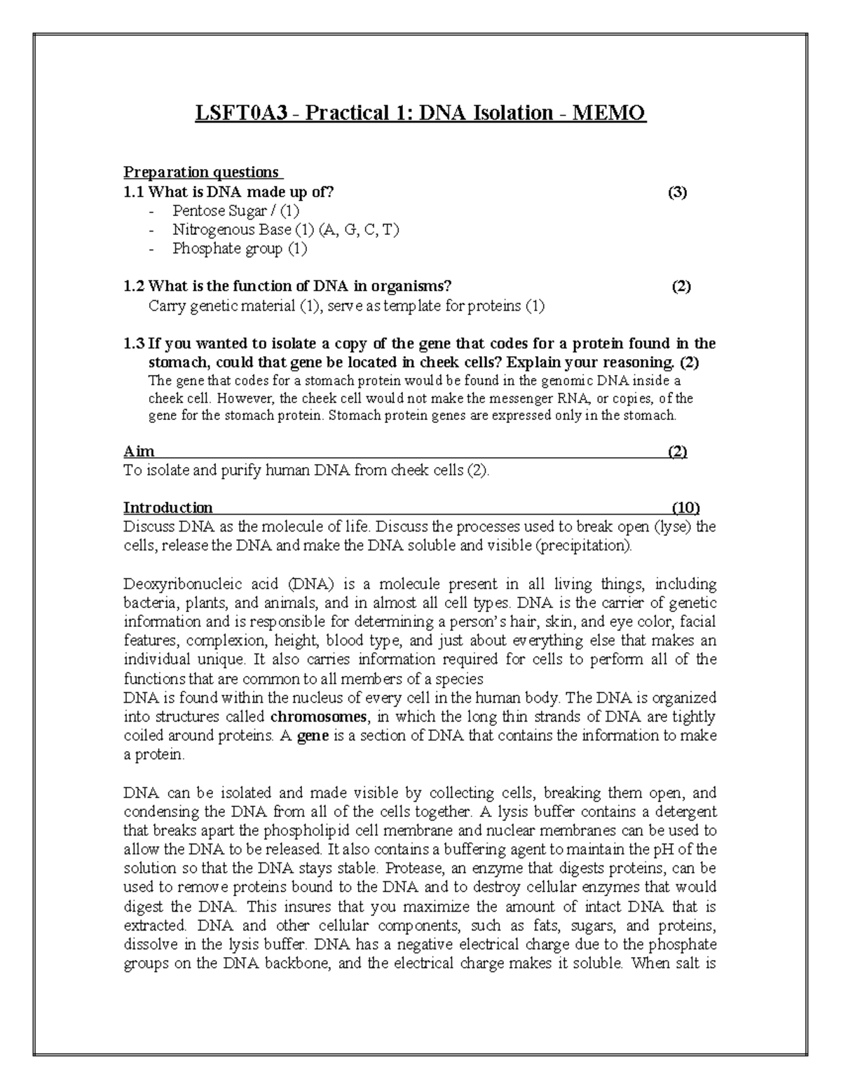 LSFT0A3 - Practical 1: DNA Extraction and Isolation MEMO - Studocu