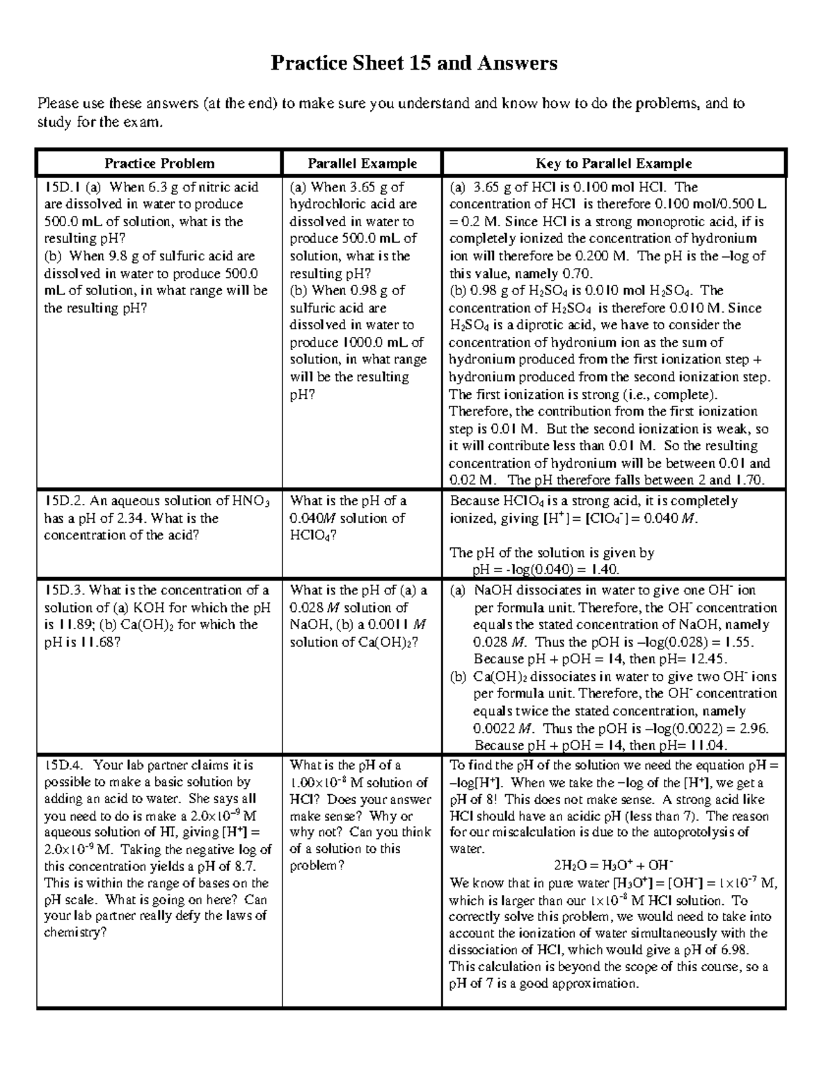 Practice Sheet 15: Acid-Base pH Calculations & Answers - Studocu
