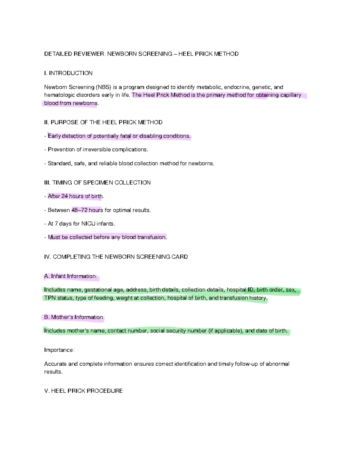 Newborn Screening Heel Prick Method: Detailed Reviewer Guide - Studocu
