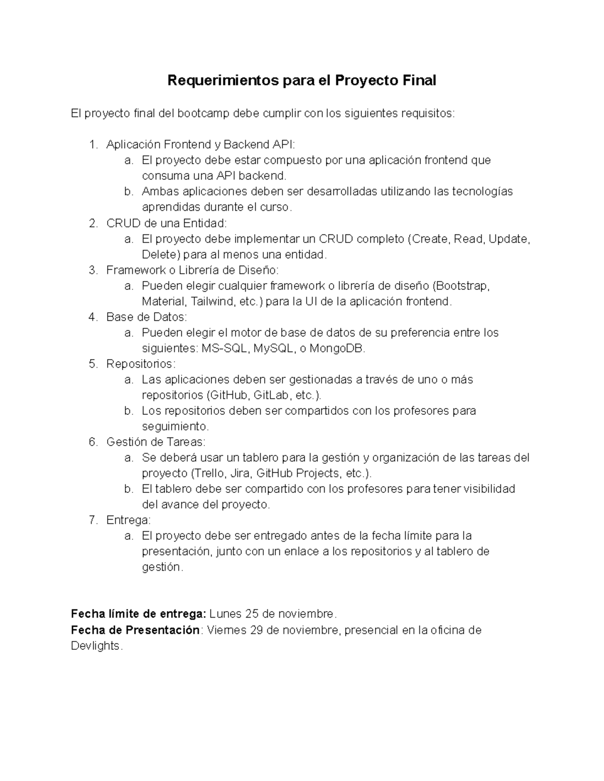 Requerimientos para el Proyecto Final - Aplicación Frontend y Backend ...