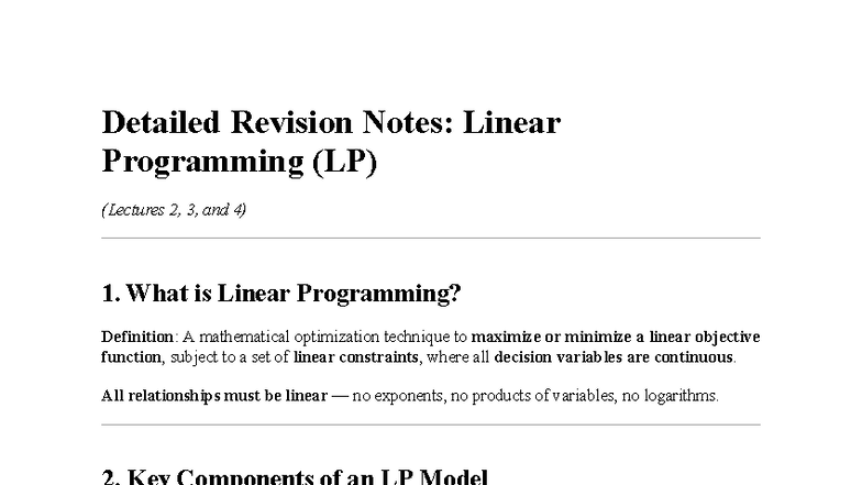 Detailed Revision Notes: Linear Programming (LP) - Lectures 2 to 4 ...
