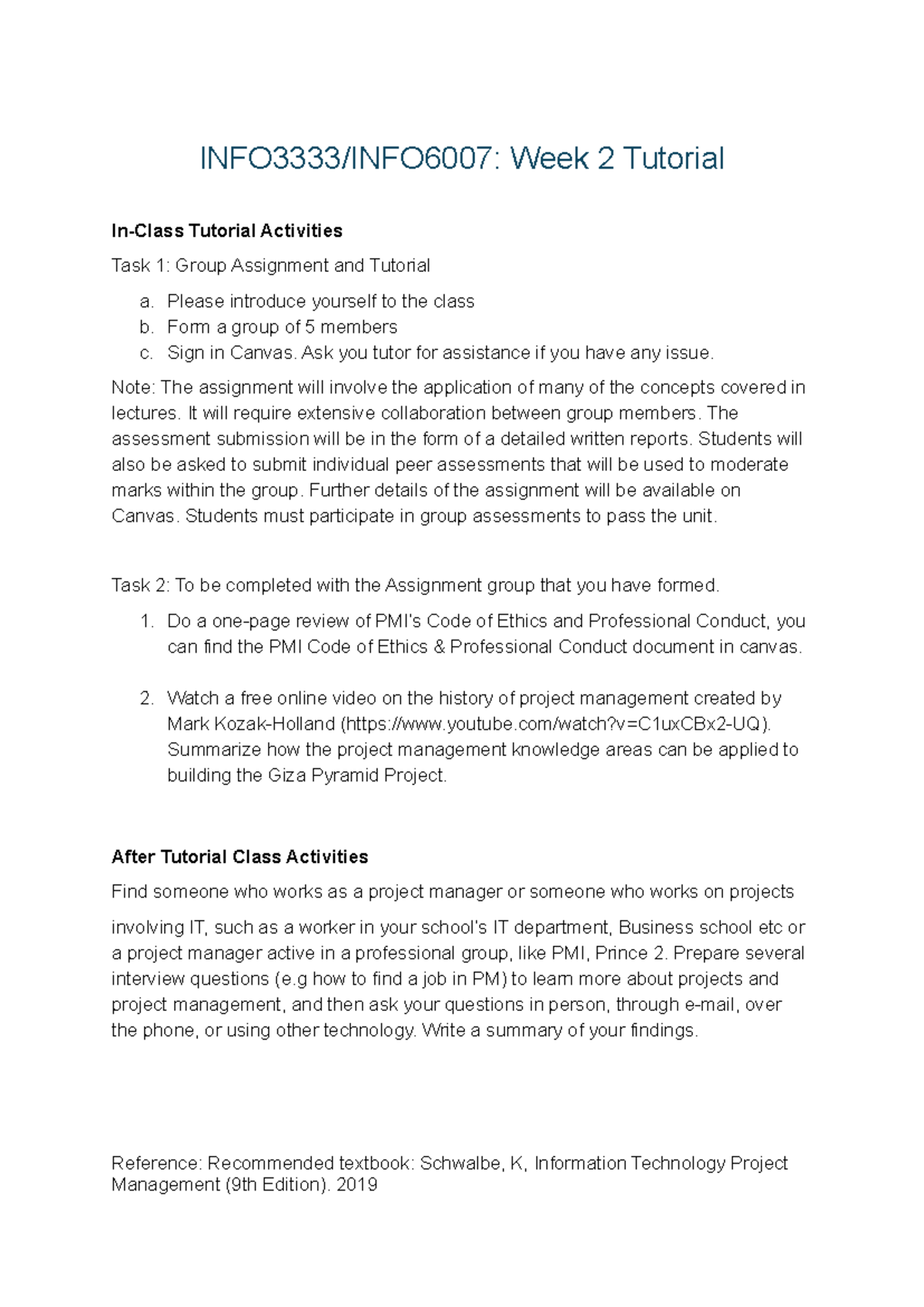 INFO3333/INFO6007 Week 2 Tutorial Activities and Group Assignment - Studocu