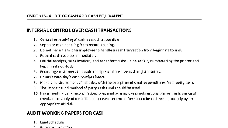 CMPC 313 CASH AUDIT OF CASH TRANSACTIONS AND INTERNAL CONTROLS - Studocu