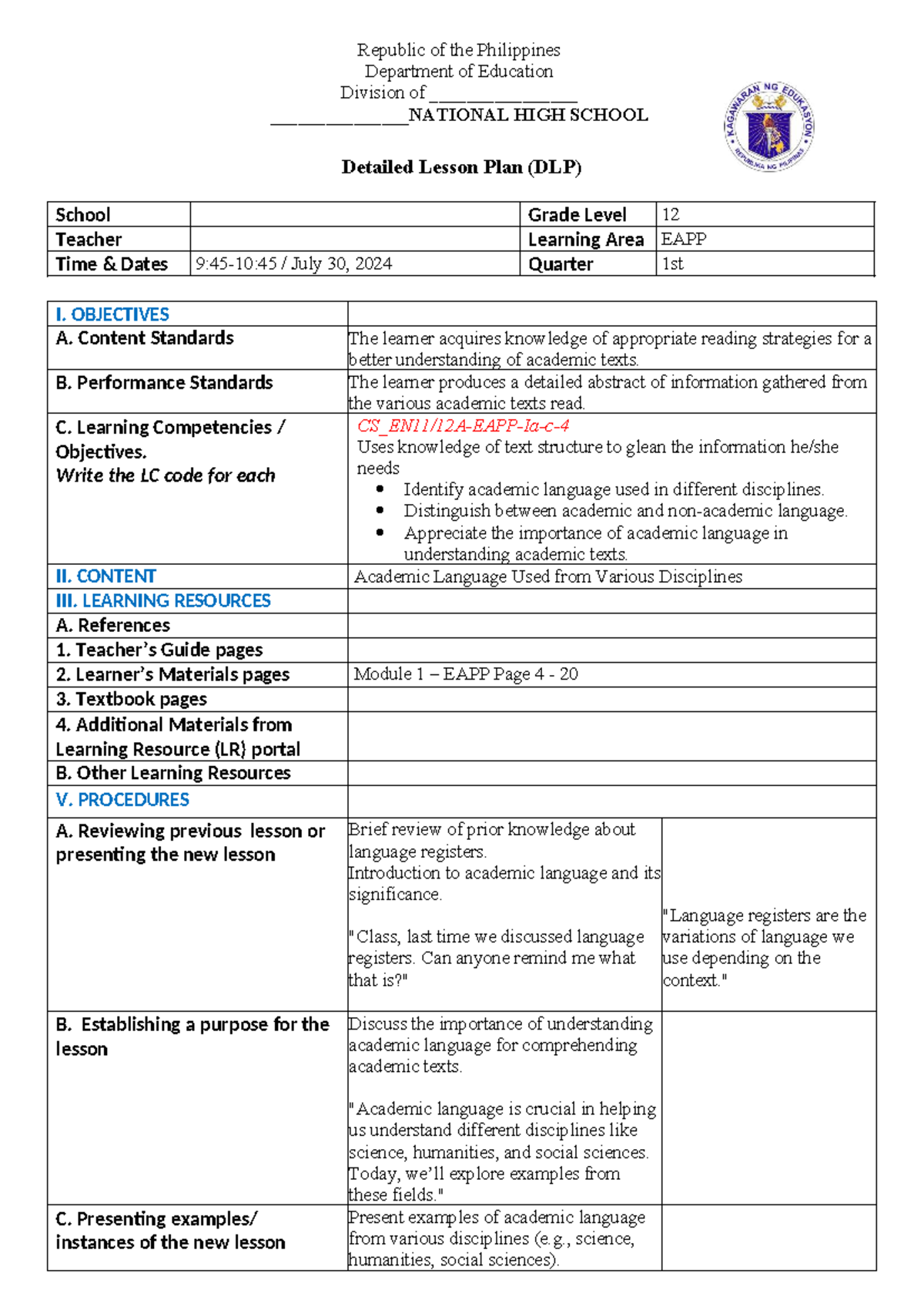 EAPP-DLP Detailed Lesson Plan on Academic Language - Studocu