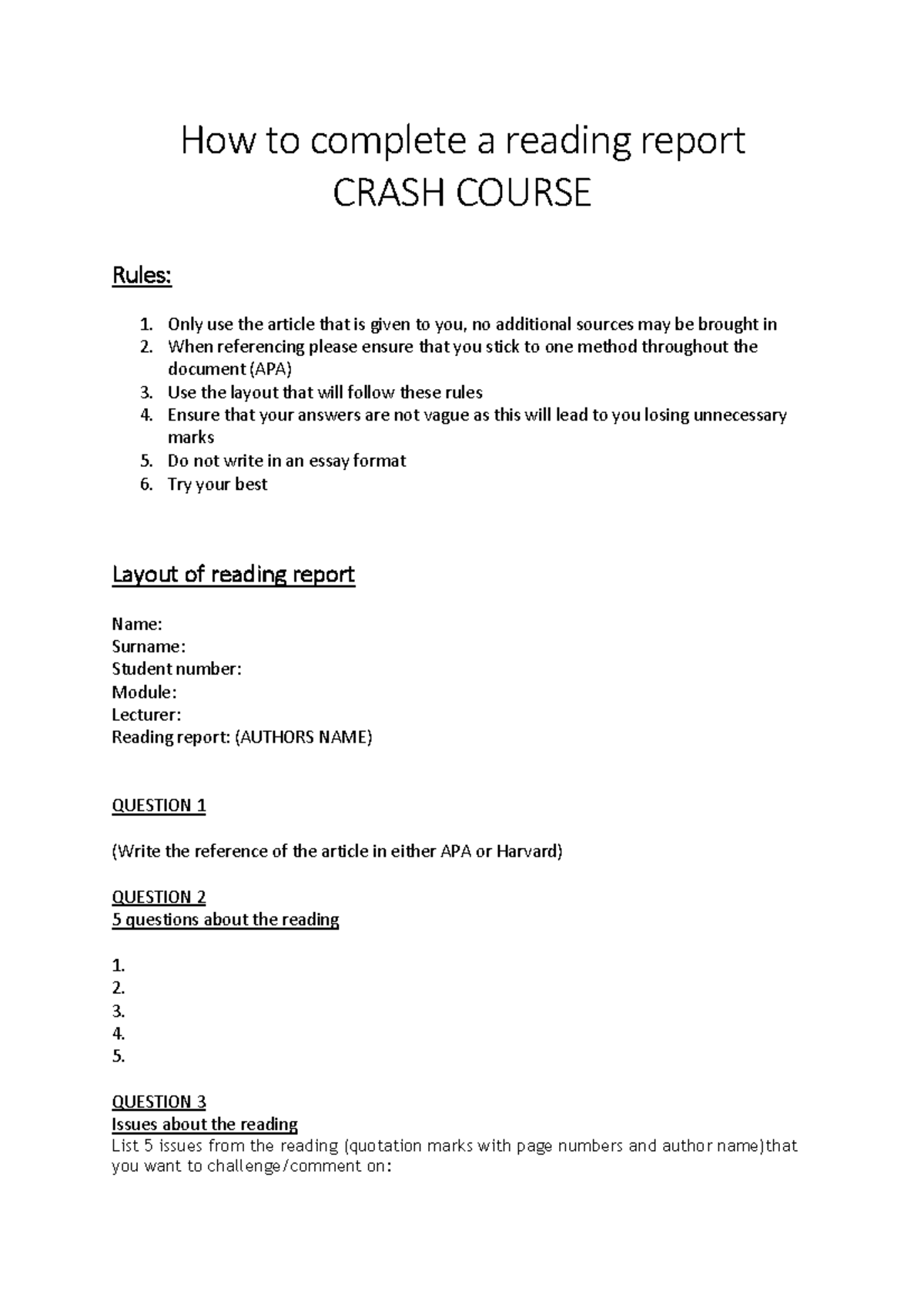 Reading report explained - How to complete a reading report CRASH ...