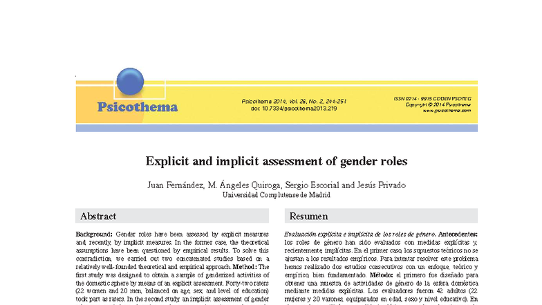 Explicit and Implicit Assessment of Gender Roles (PSICOTEMA 2014) - Studocu