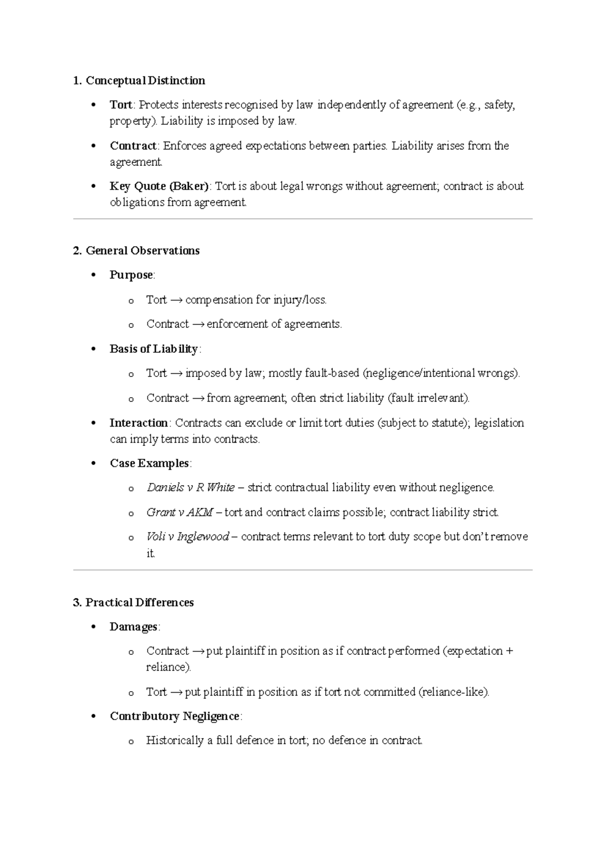 Week 1 Lecture Notes: Tort vs. Contract Law Concepts and Cases - Studocu