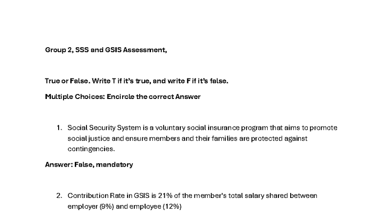 SSS and GSIS Assessment: True/False & Multiple Choice Quiz - Studocu
