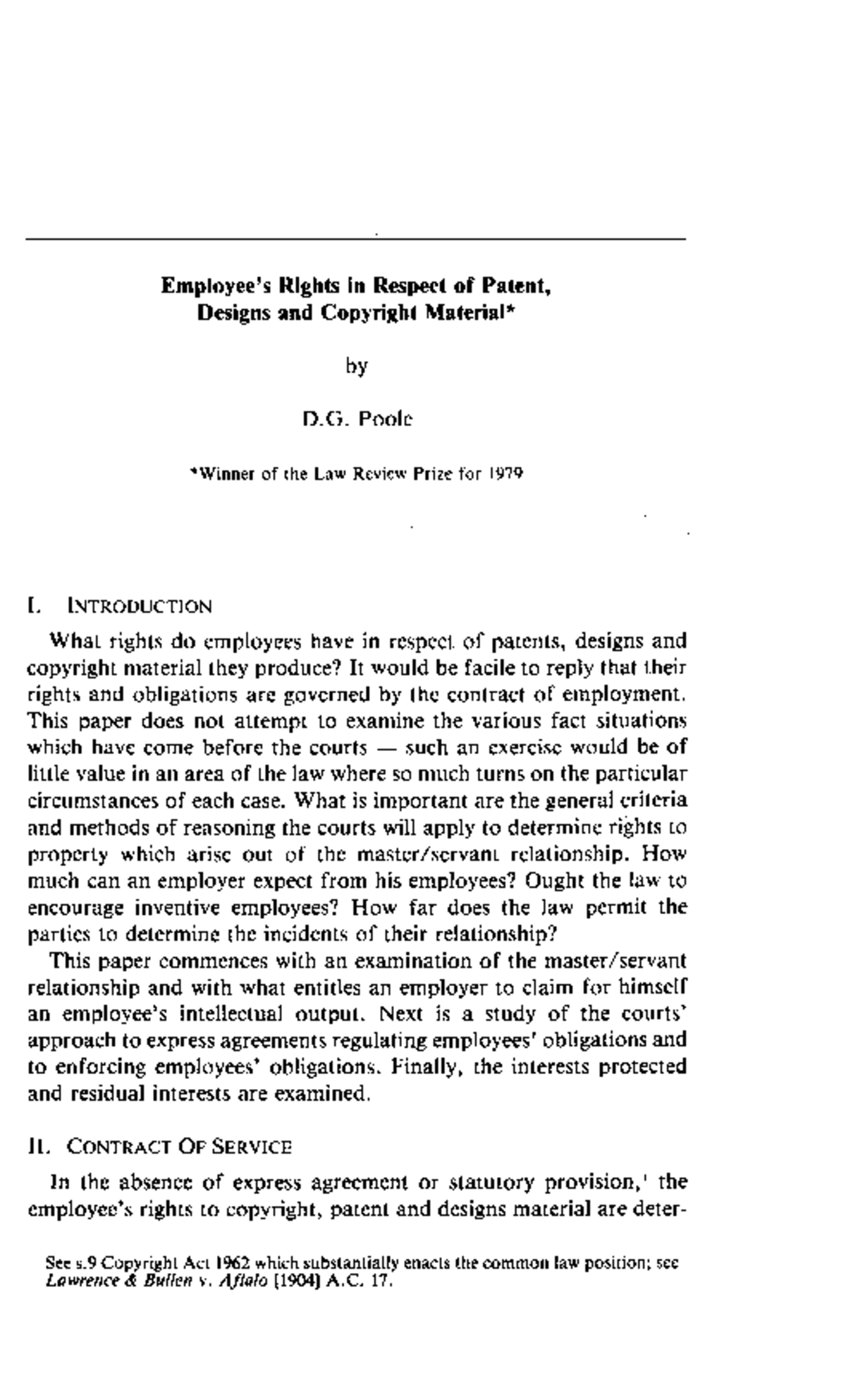 Employee's Rights in Patents, Designs, and Copyright (Law Review 1979 ...