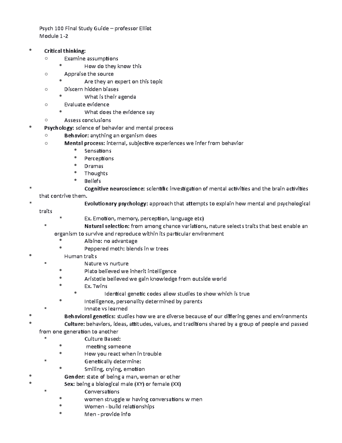 Psych 100 Final Exam Study Guide - Professor Elliot Modules Overview ...