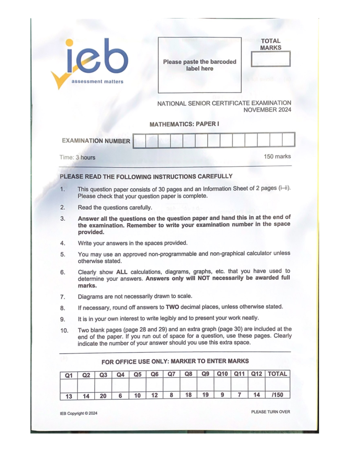 NSC Math Paper 1 IEB - TOTAL ieb MARKS Please paste the barcoded label ...